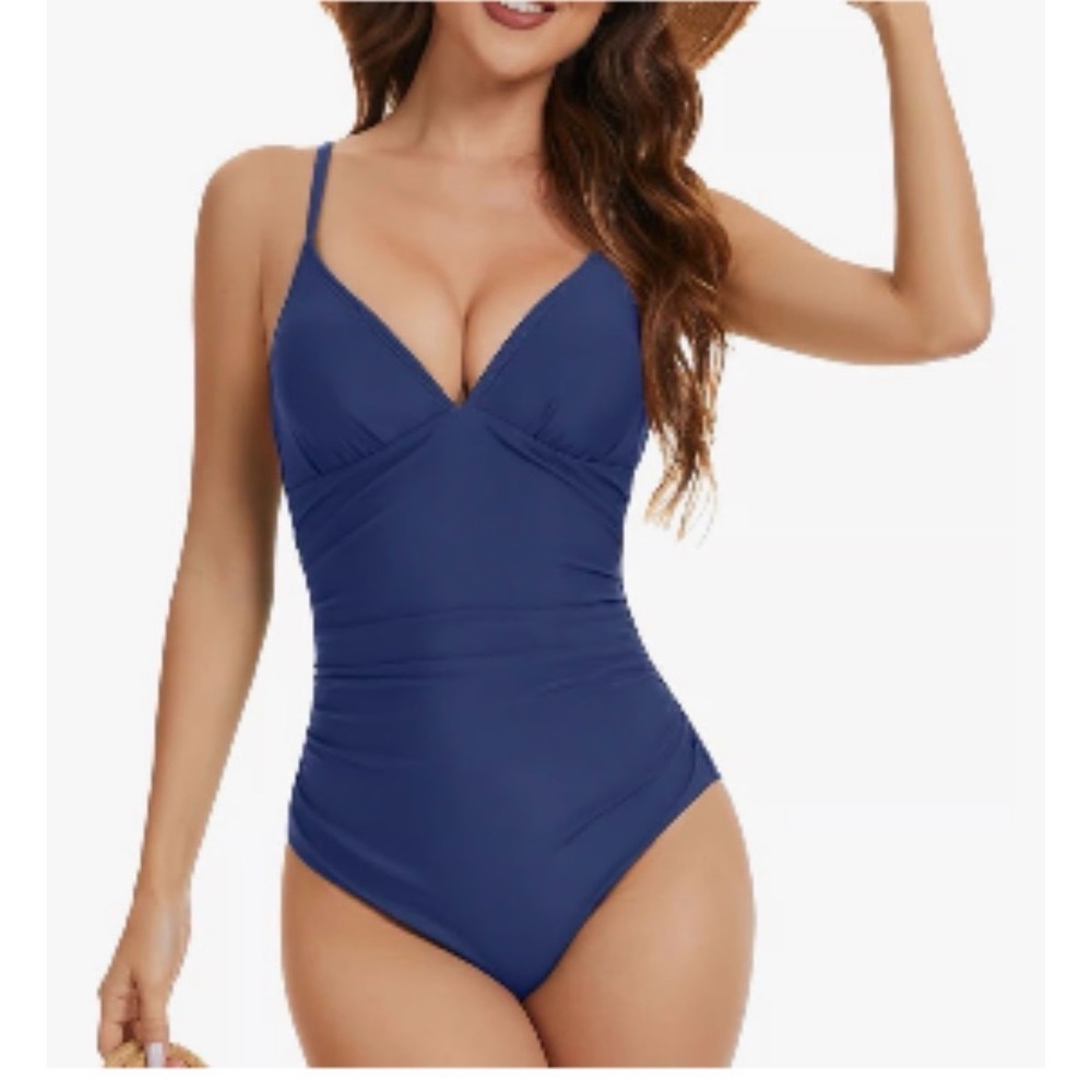 Cupshe Deep Blue V-Neck Ruched One-Piece Swimsuit